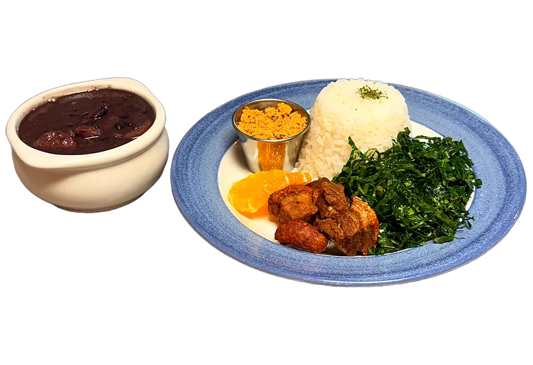 Feijoada completa do Sabor Brasil com couve refogada, pururuca, farofa e laranja
